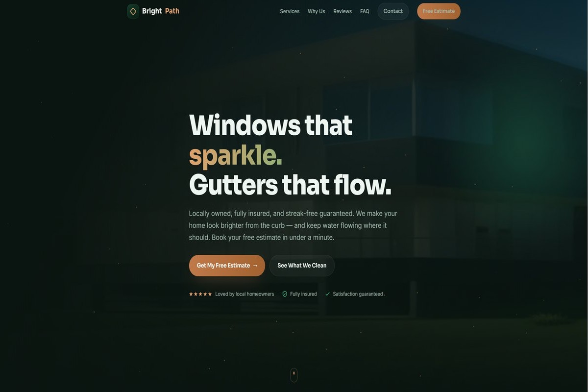 Bright Path Window Cleaning homepage — a dark site with the headline Windows that sparkle, gutters that flow.
