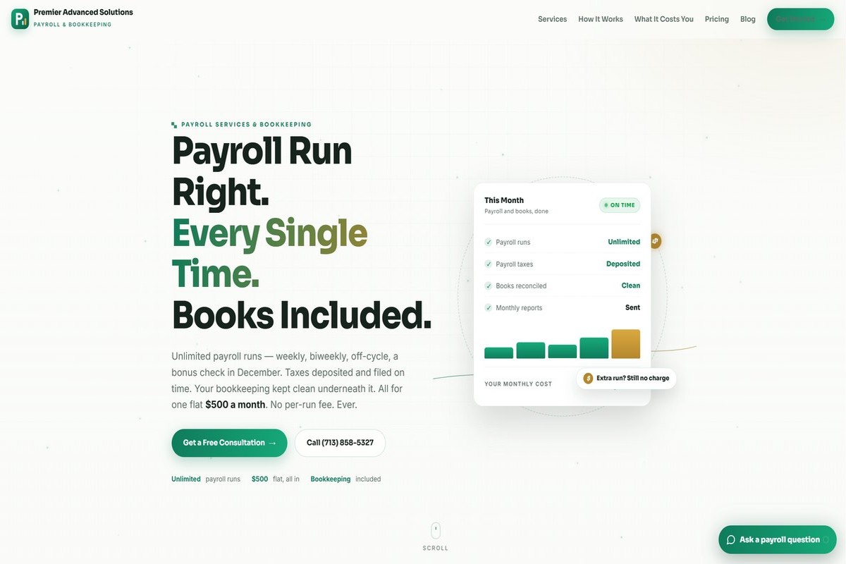 Premier Advanced Solutions homepage — a payroll and bookkeeping site with a green brand mark and a flat $500 a month offer.