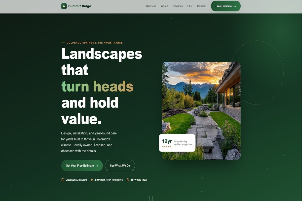 Summit Ridge Landscaping homepage — a deep green site with a mountain backyard photo and a free estimate button.